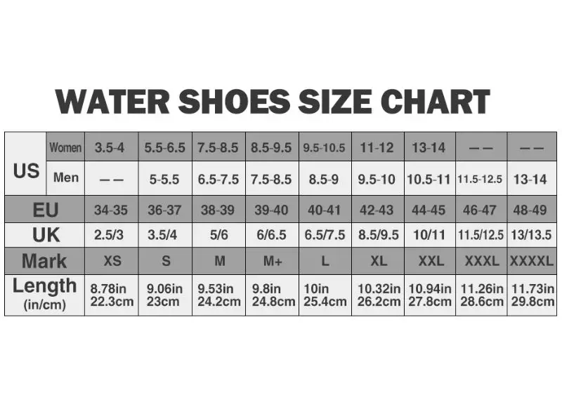 Water shoes size chart