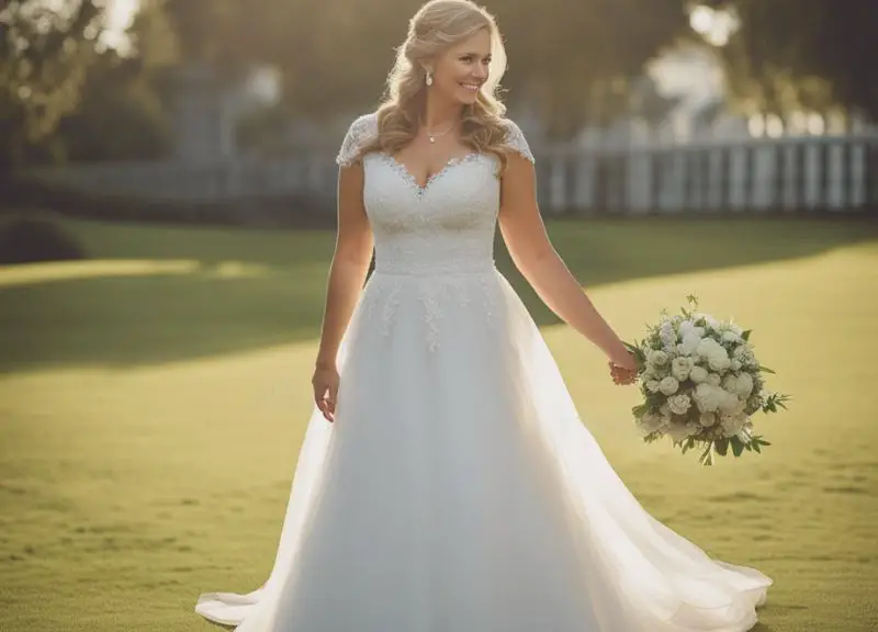A bride's mother wears a knee-length wedding dress