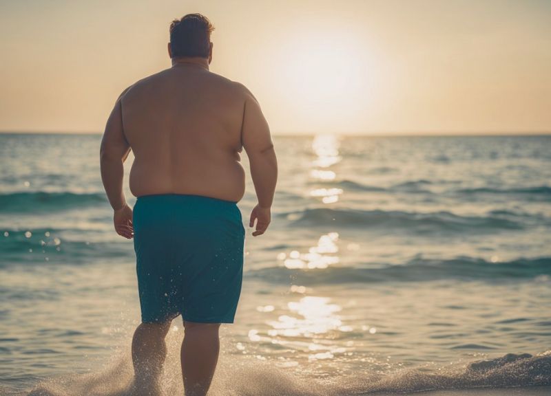 A chubby guy standing by the sea