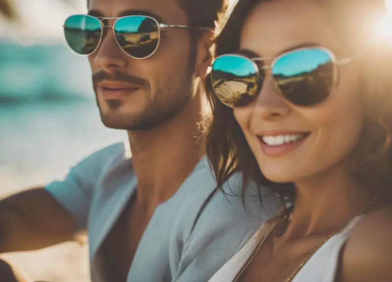 A man and a woman wear sunglasses at the beach themed party