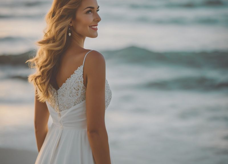 A woman wears a cocktail dress for a more formal beach date night.
