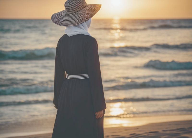 Muslimah wearing a hijab and sun hat and standing by the beach